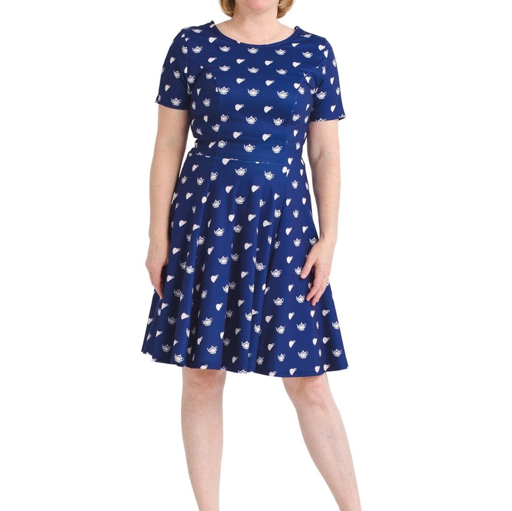 Unique Vintage x gb Navy Blue Teapot Patterned A-Line Short Sleeve Skater Dress